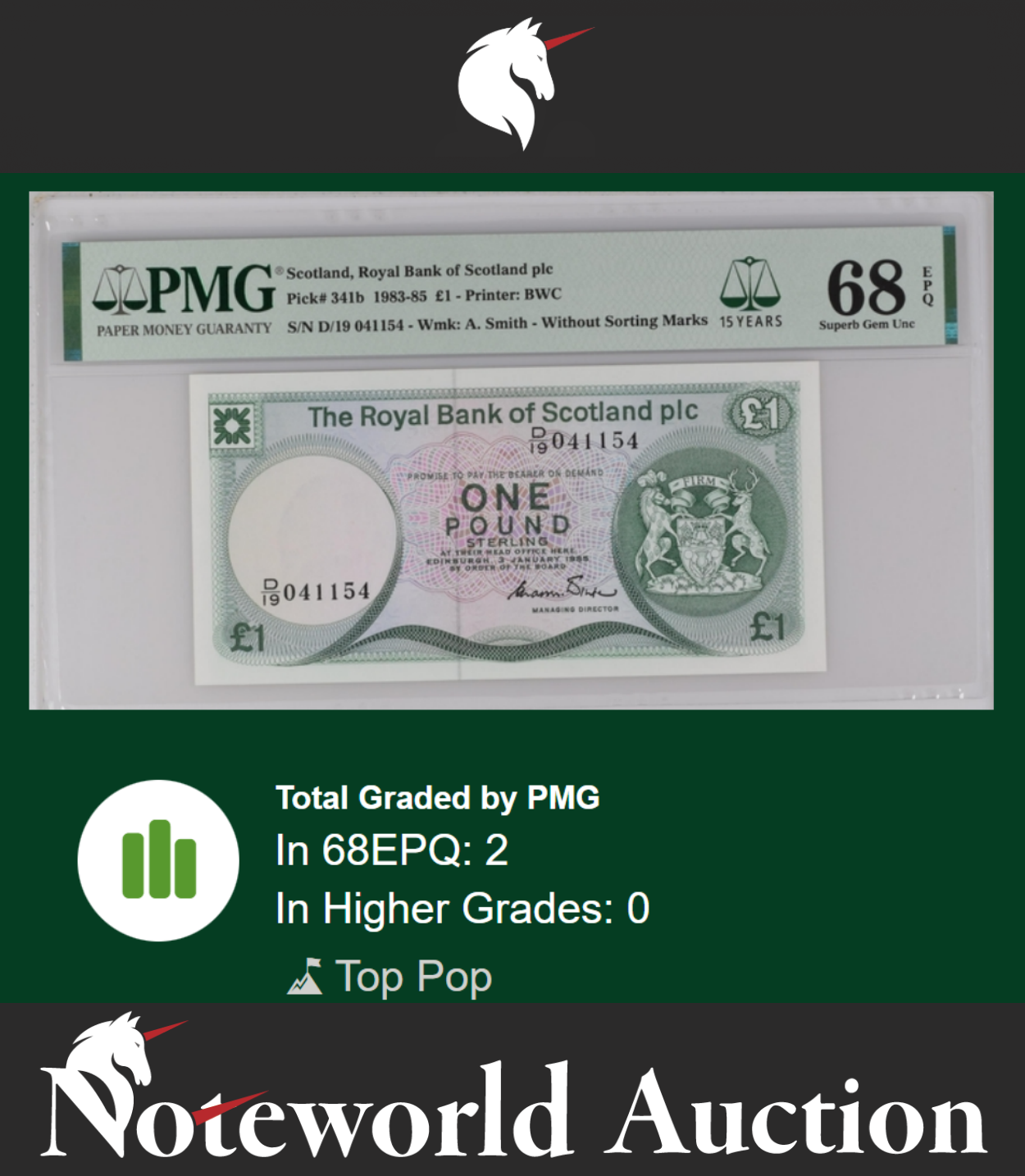 Scotland Royal Bank of Scotland plc 1 Pound 1985 P 341b UNC PMG 68 EPQ TOP POP