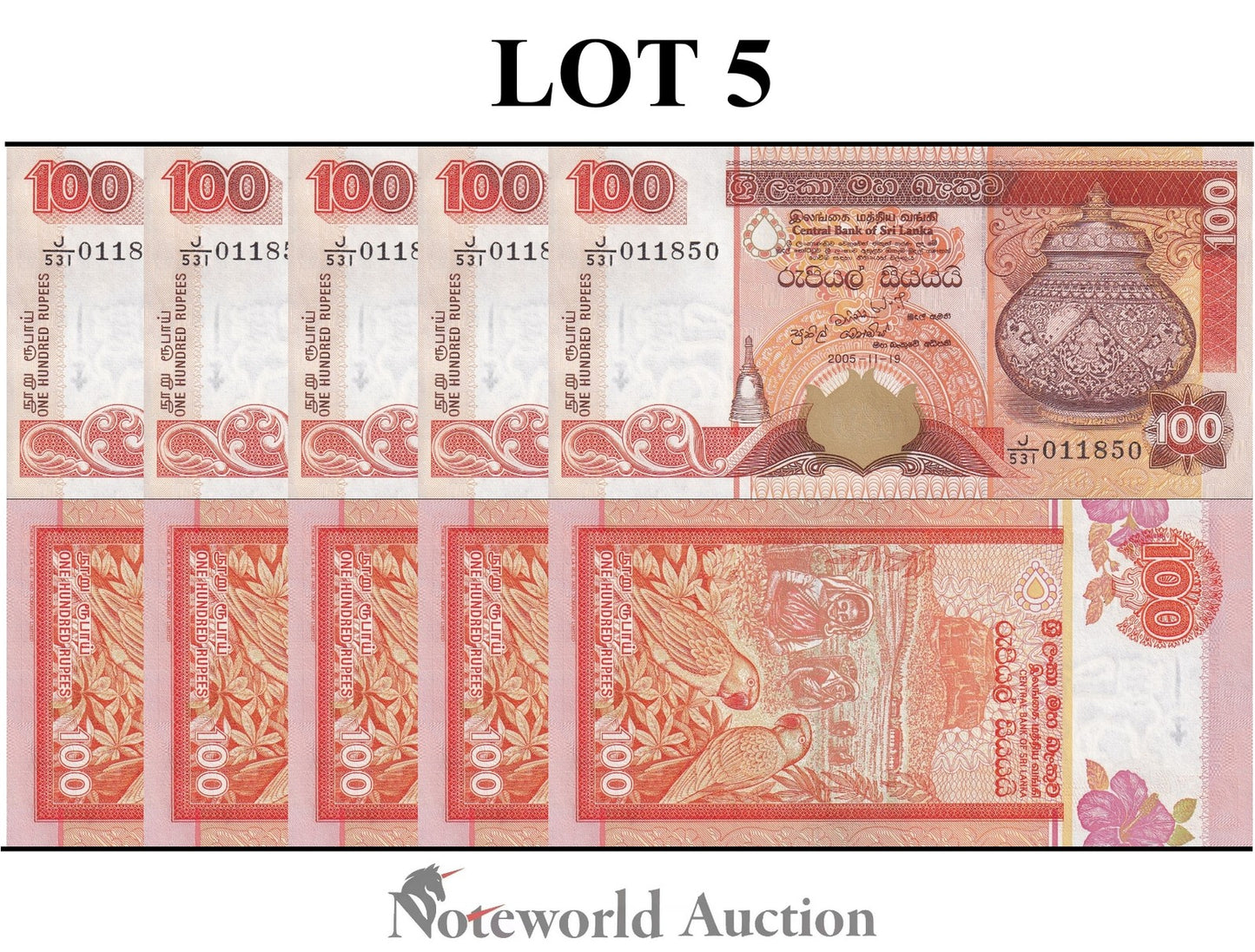 SRI LANKA 100 Rupees 2005 P 111d Lot 5 pcs 1/20 Bundle UNC