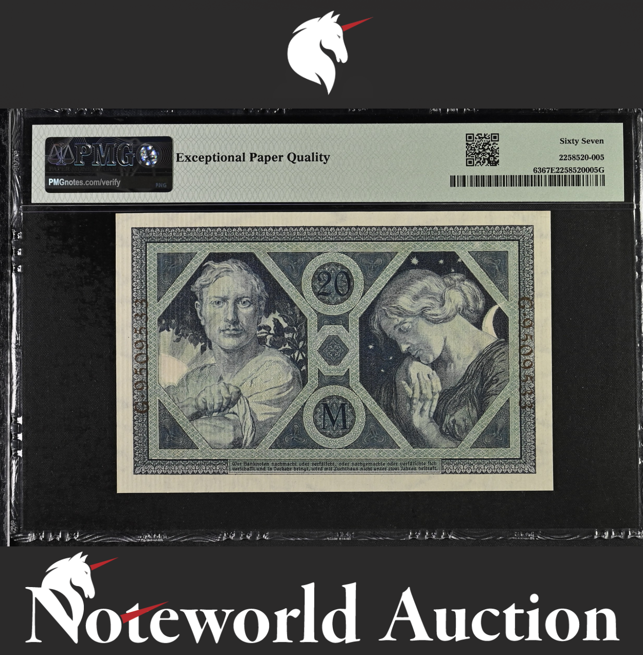 Germany Imperial Bank Note 20 Mark 1915 P 63 UNC PMG 67 EPQ TOP POP