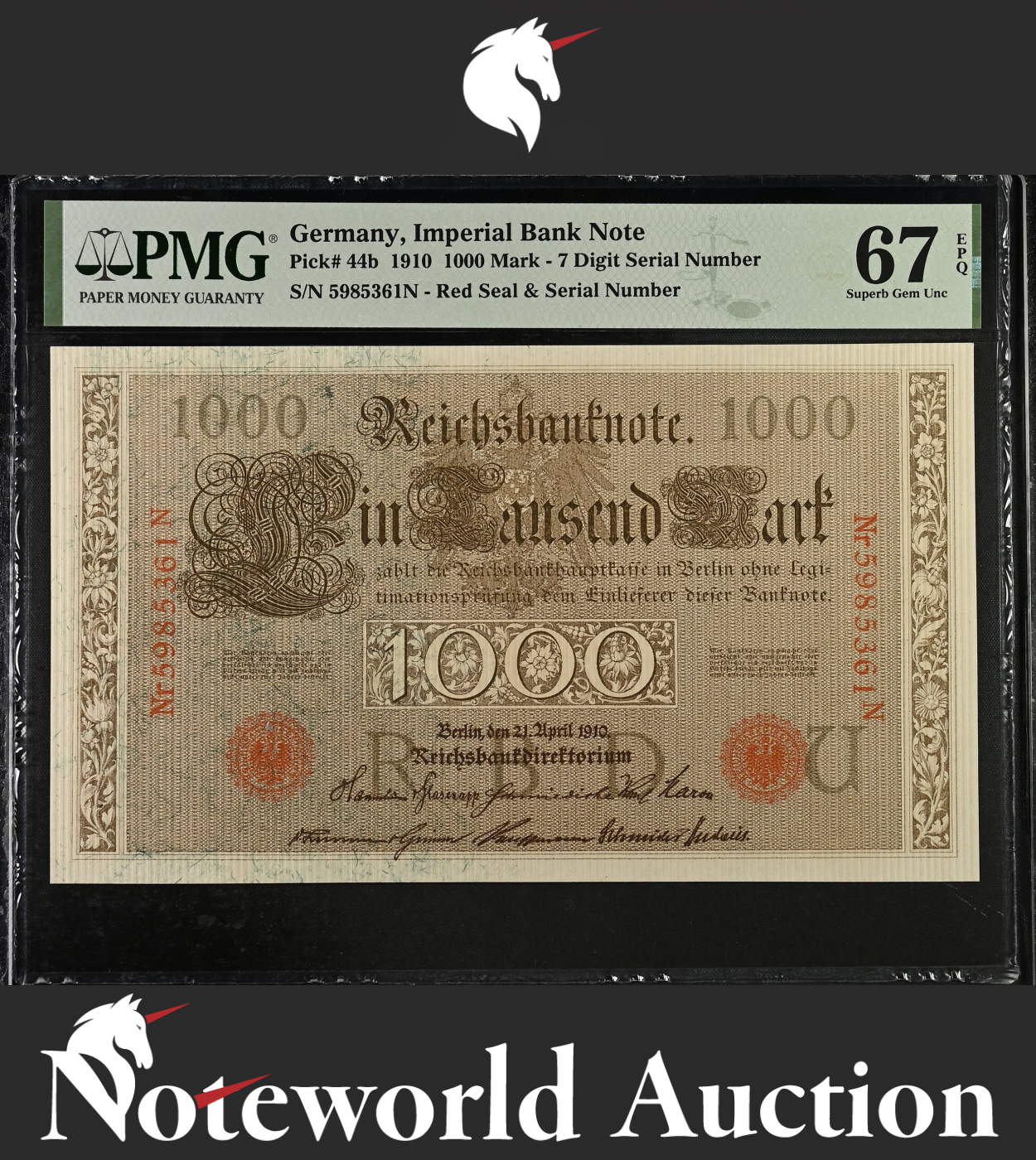 Germany Imperial Bank Note 1000 Mark 1910 P 44b UNC PMG 67 EPQ TOP POP