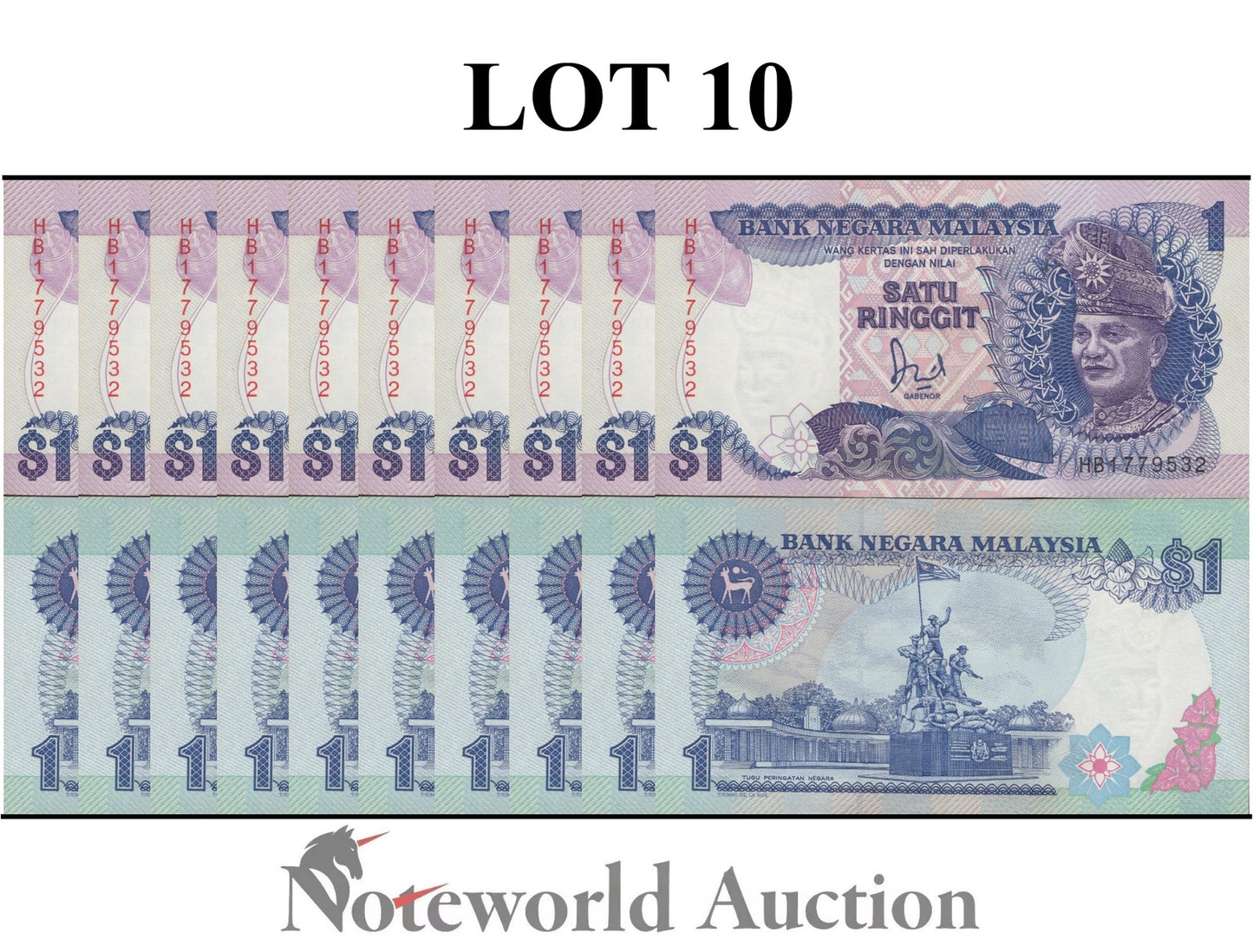 MALAYSIA 1 Ringgit ND 1986 & 1989 P 27 MINOR FOXING Lot 10 pcs 1/10 Bundle UNC