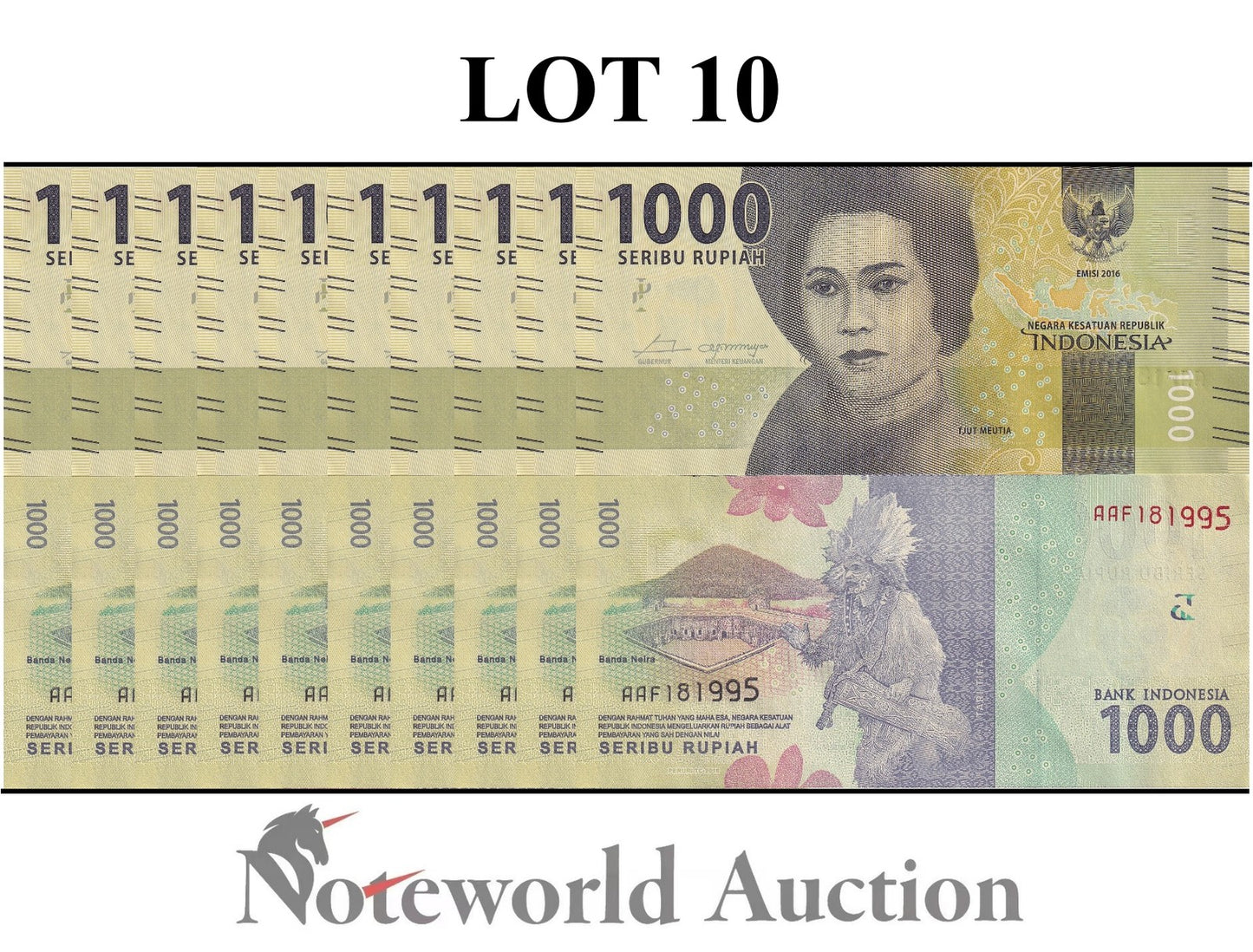 INDONESIA 1000 Rupiah 2016 P 154a Lot 10 pcs 1/10 Bundle UNC