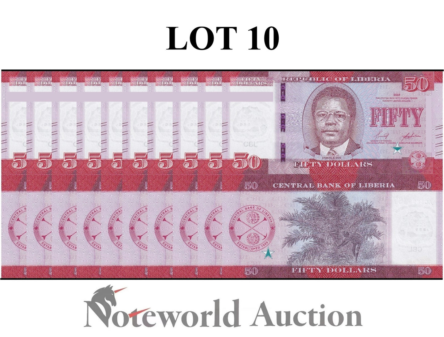 LIBERIA 50 Dllars 2022 P 40 Lot 10 pcs 1/10 Bundle UNC