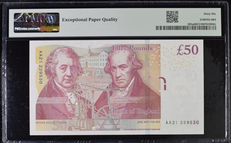 GREAT BRITAIN 50 Pounds 2010 P 393a First Prefix AA UNC PMG 66 EPQ