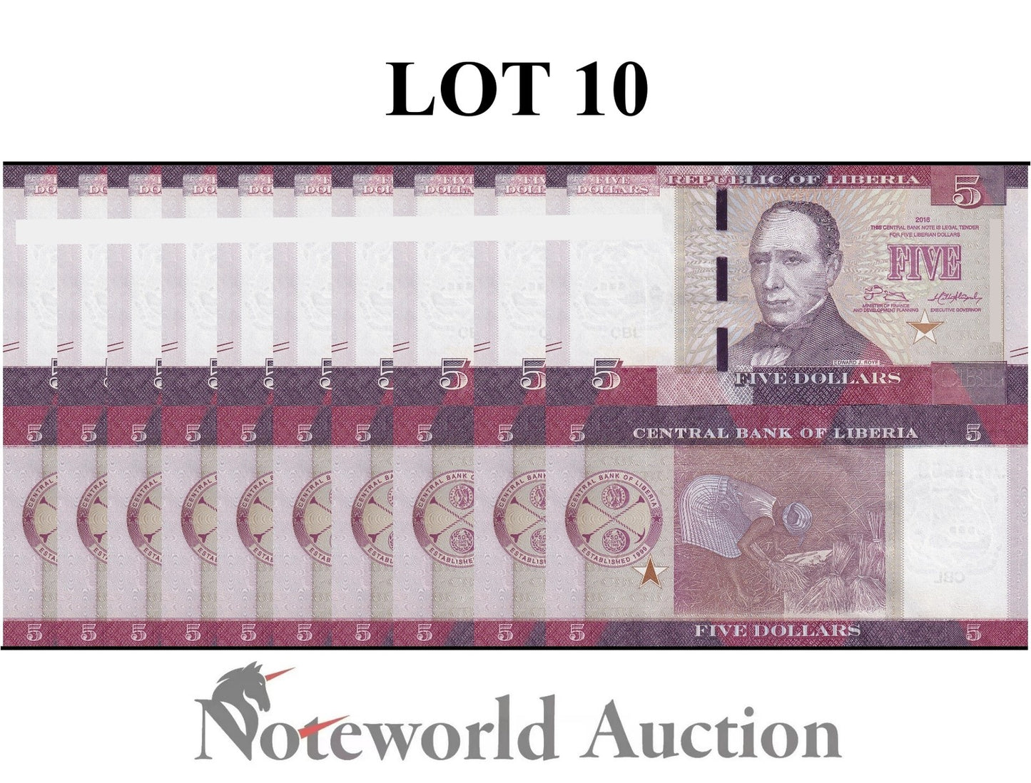 LIBERIA 5 Dollars 2016 P 31a First Prefix AA Lot 10 pcs 1/10 Bundle UNC