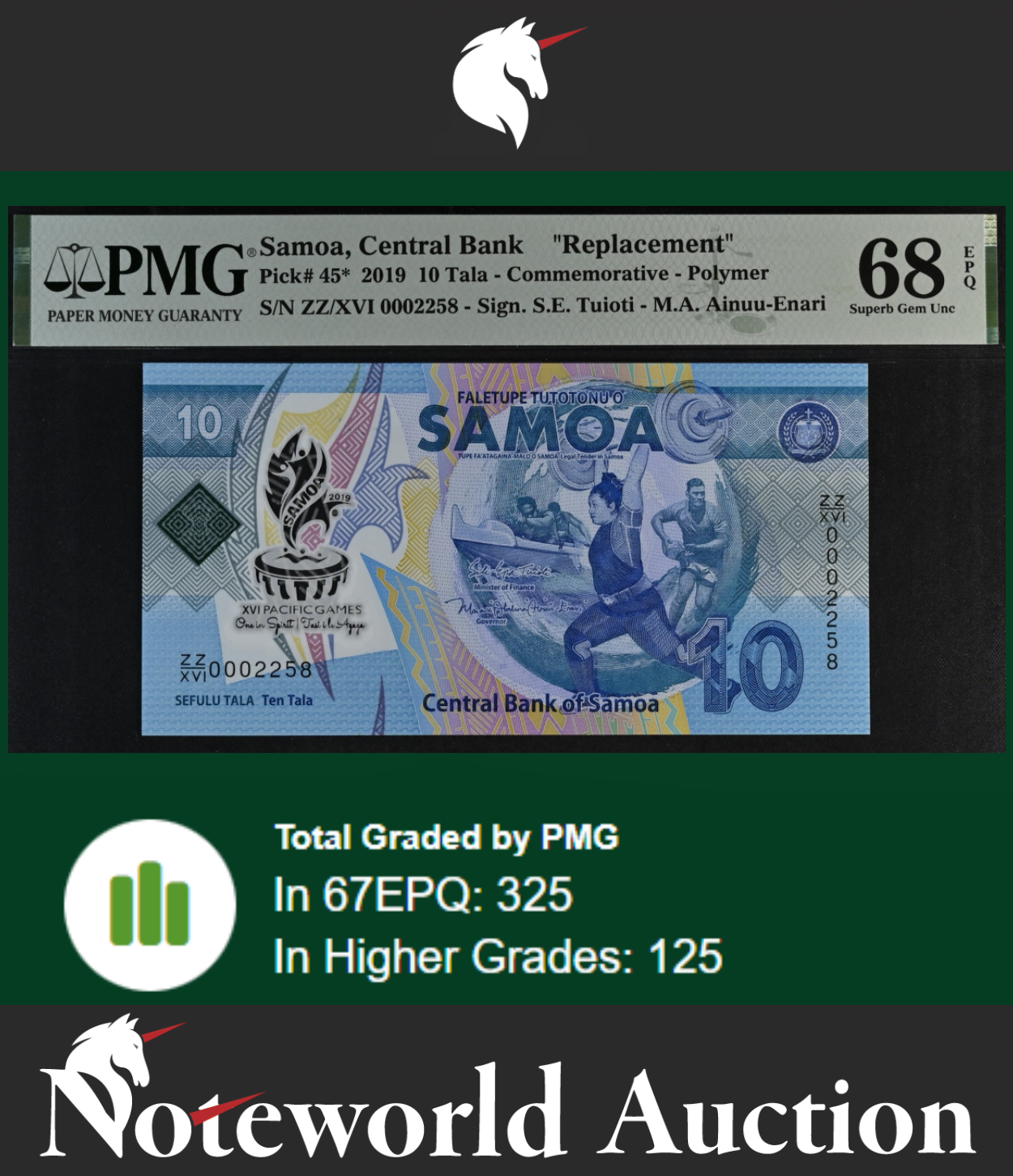 Samoa COMM. 10 Tala 2019 P 45* Polymer Replacement ZZ UNC PMG 68 EPQ TOP POP