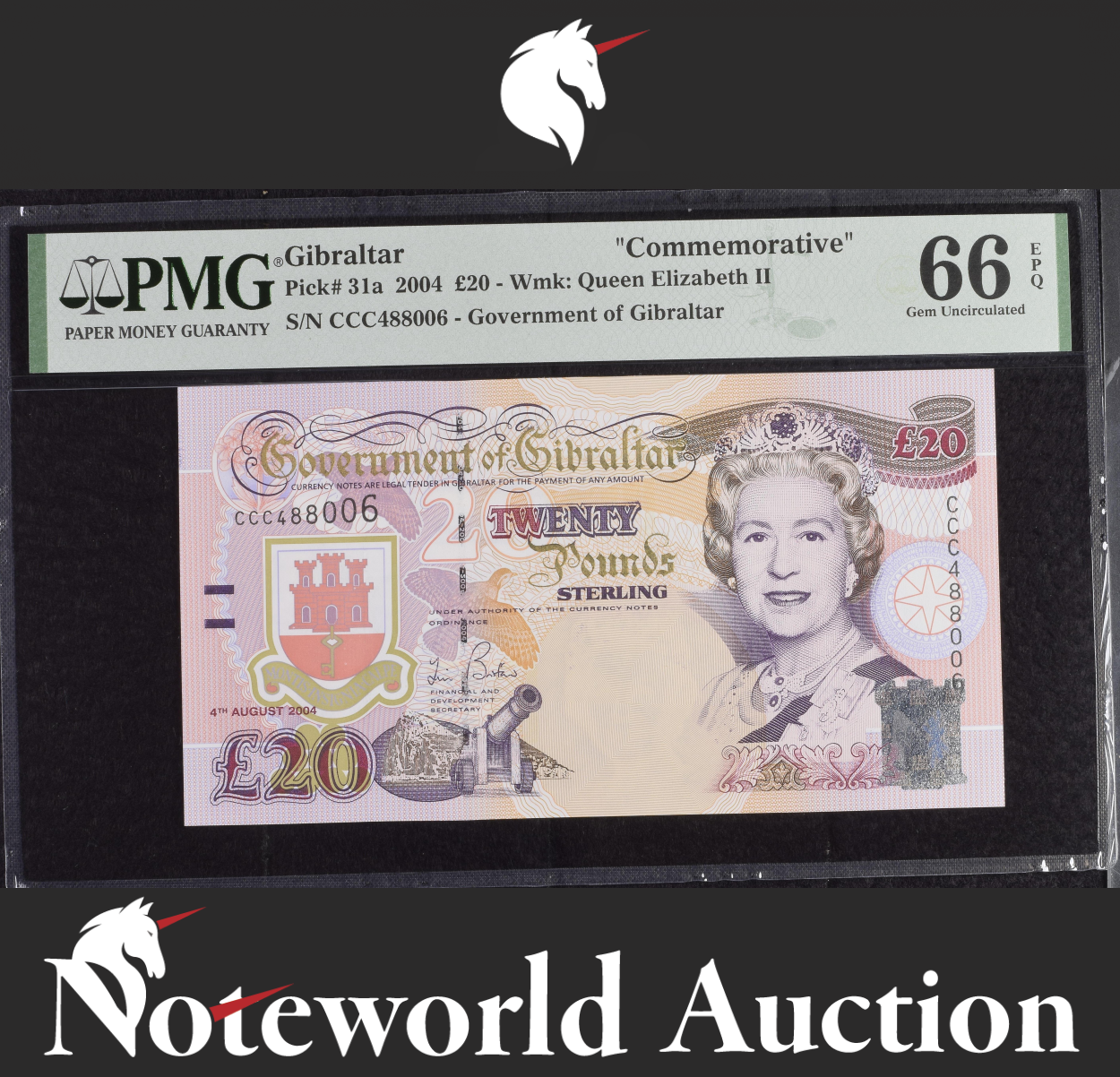 Gibraltar Commemorative 20 Pounds 2004 P 31a Prefix CCC UNC PMG 66 EPQ