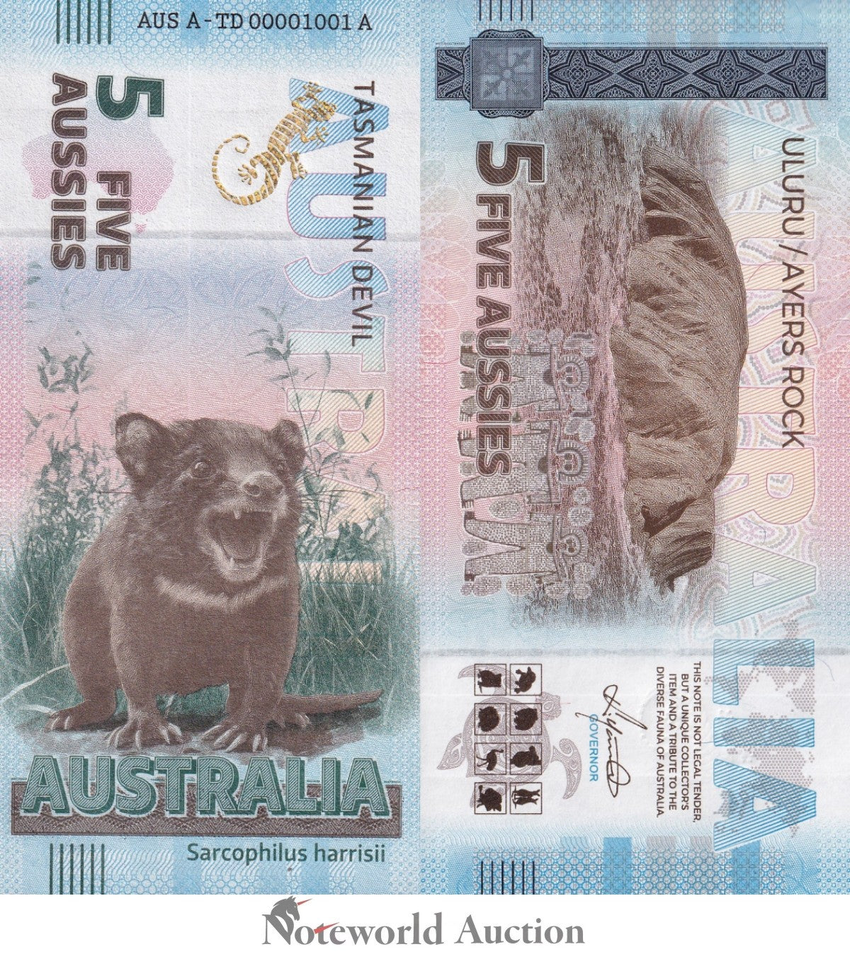 Australia TEST NOTE Souvenir Note 5 Aussie Tasmanian Devil UNC