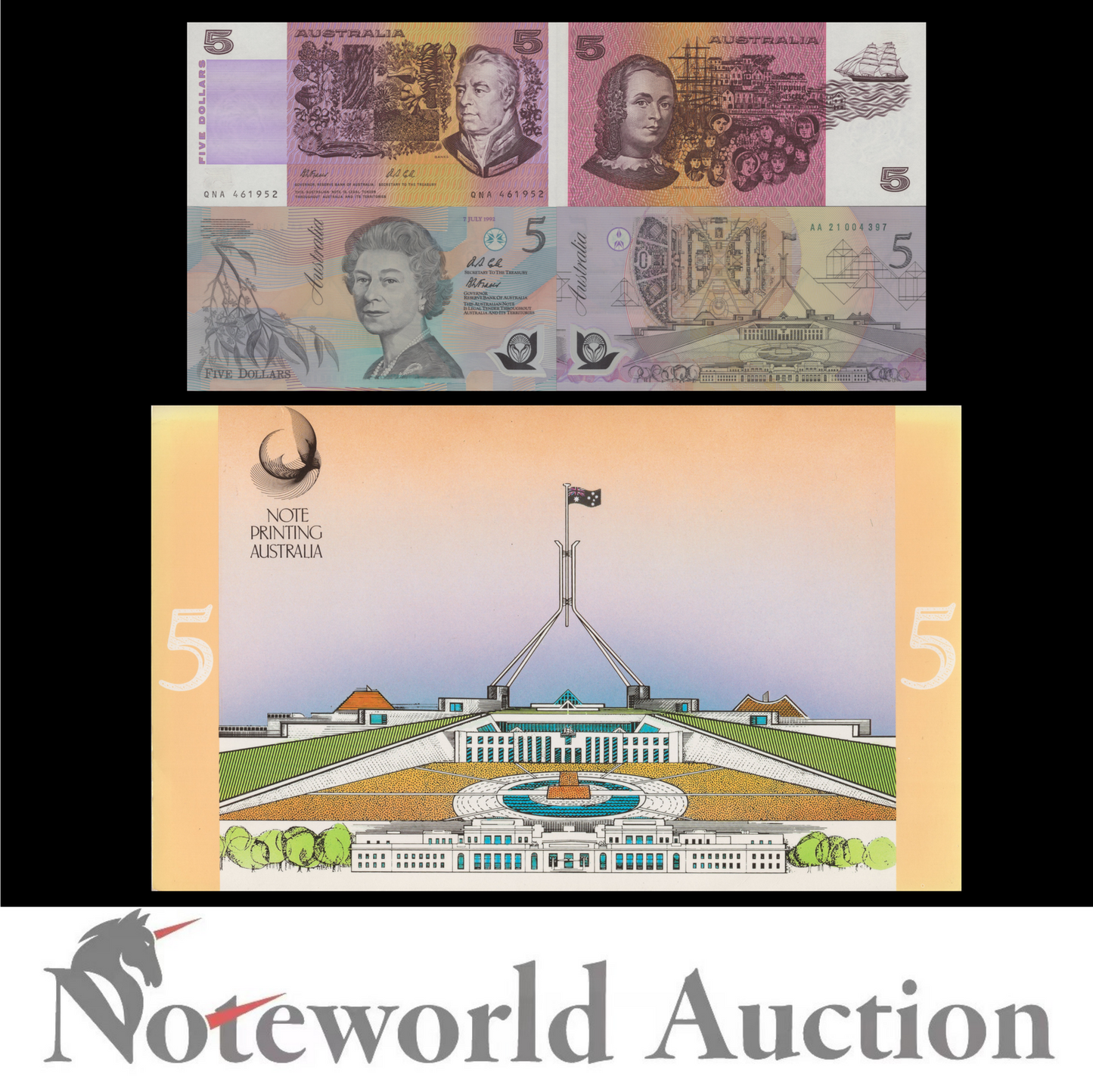 AUSTRALIA 5 Dollars 199 1992 P 44g 50b Paper Polymer With Folder Set 2 pcs UNC
