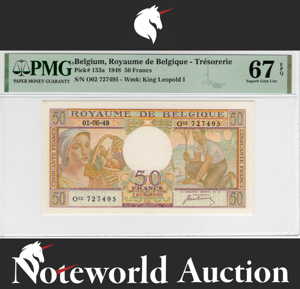 Belgium 50 Francs 1948 P 133a UNC PMG 67 EPQ