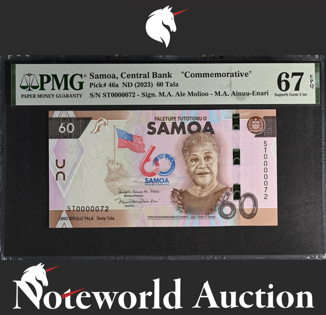 Samoa Commemorative 60 Tala ND 2023 P 46a LOW No. 72 UNC PMG 67 EPQ 3rd TOP POP