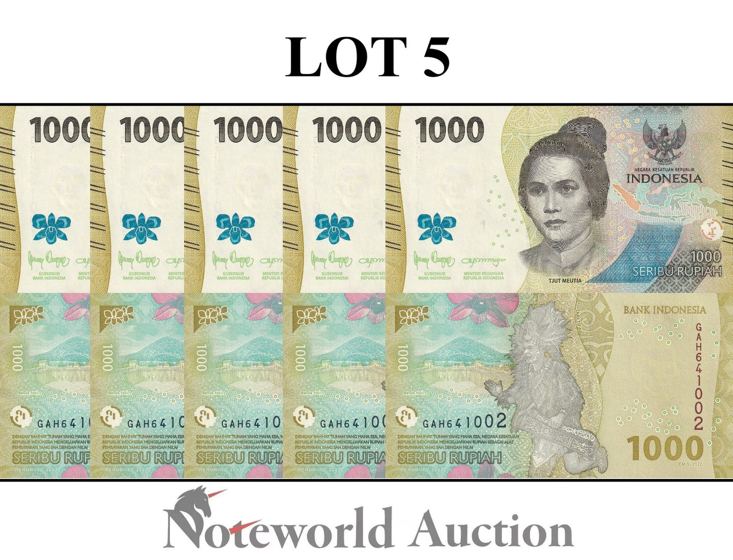 INDONESIA 1000 Rupiah 2022 P 162 New Design Lot 5 pcs 1/20 Bundle UNC