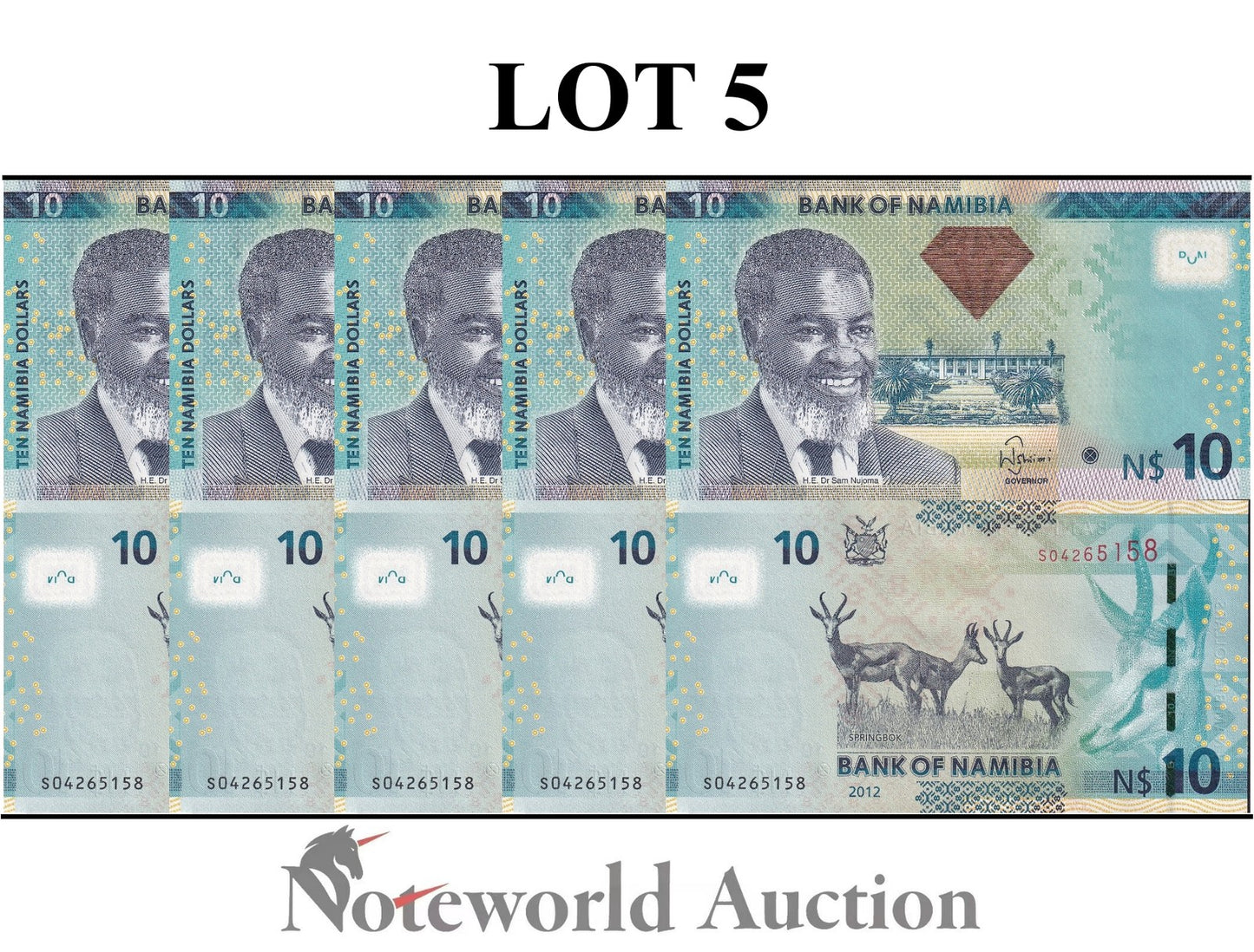 NAMIBIA 10 Namibia Dollars 2012 P 11a Lot 5 pcs 1/20 Bundle UNC