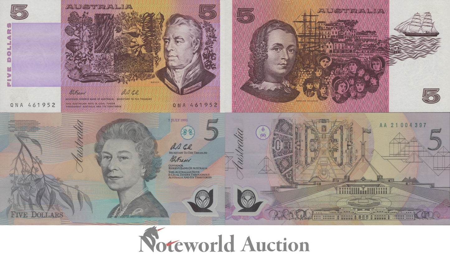 AUSTRALIA 5 Dollars 199 1992 P 44g 50b Paper Polymer With Folder Set 2 pcs UNC