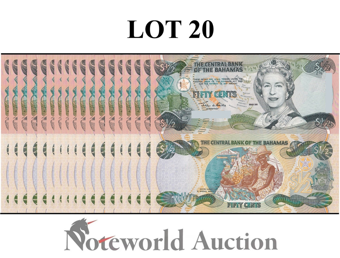 BAHAMAS 1/2 Dollar 2001 P 68 Lot 20 pcs 1/5 Bundle UNC