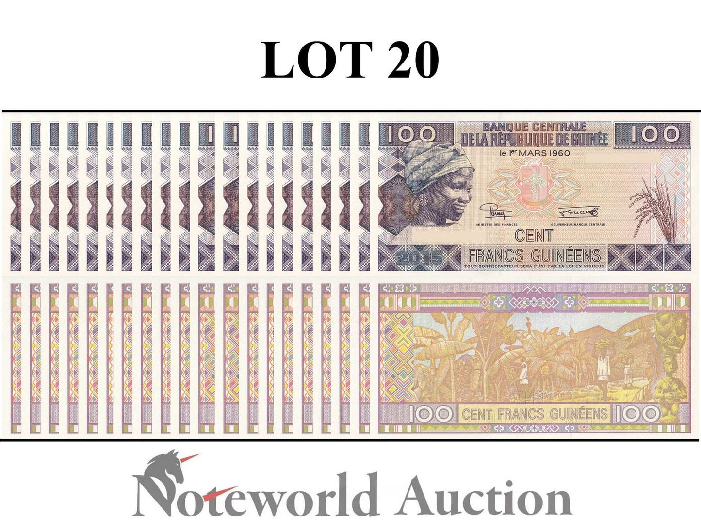 GUINEA 100 Francs 2015 P A47 Lot 20 pcs 1/20 Bundle UNC
