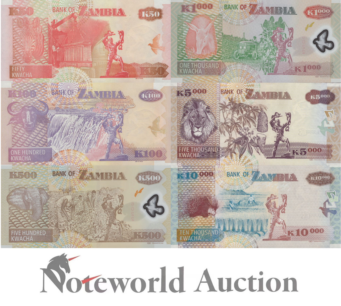 ZAMBIA 50 100 500 1000 5000 10000 Kwacha 2010-2011 P 37i-46g Set 6 pcs UNC