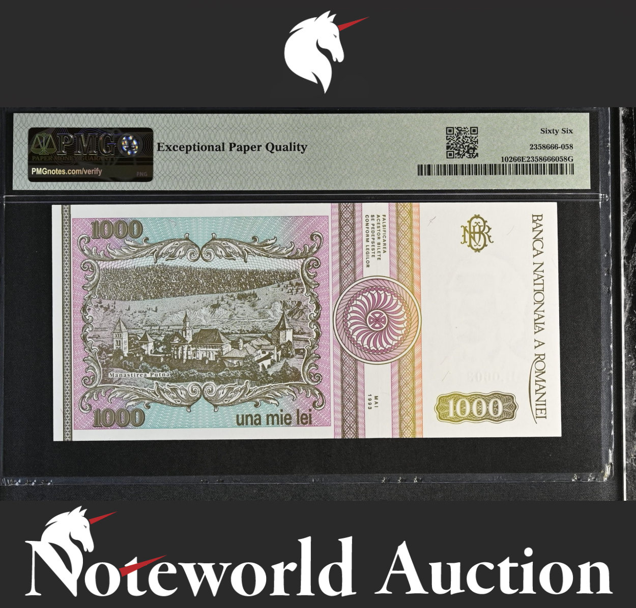 Romania Banca Nationala 1000 Lei 1993 P 102 LOW S/N 000804 UNC PMG 66 EPQ