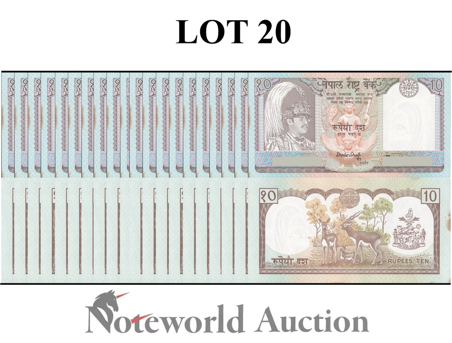 NEPAL 10 Rupees 1990-1995 P 31a2 FOXING Lot 20 pcs 1/5 Bundle UNC