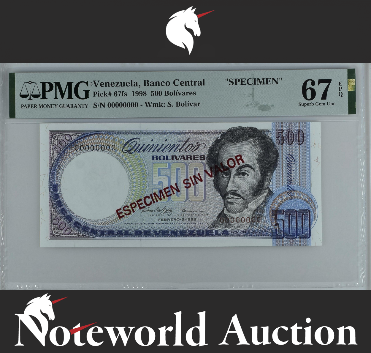 Venezuela SPECIMEN 500 Bolivares 1998 P 67fs UNC PMG 67 EPQ TOP POP