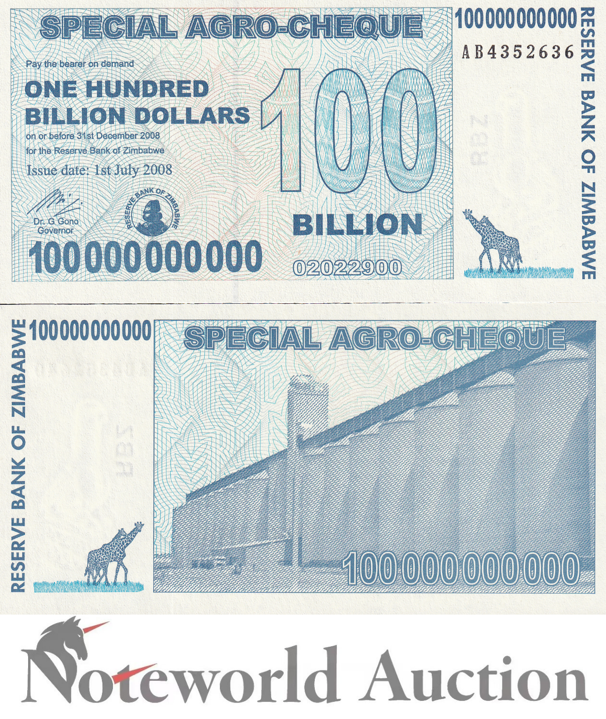 ZIMBABWE 100 Billion Dorllars 2008 P 64 UNC
