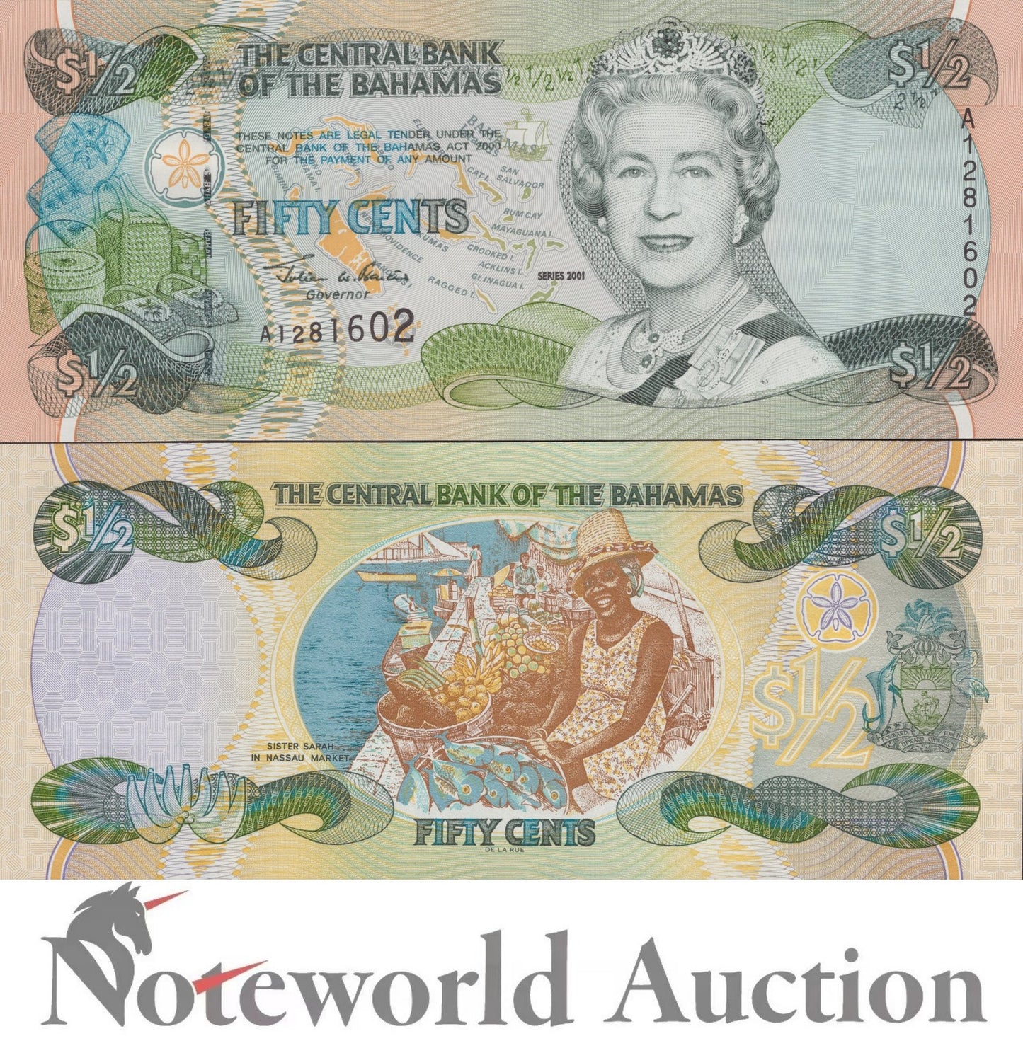 BAHAMAS 50 Cents 1/2 Dollar 2001 P 68 Queen Elizabeth II Lot 5 1/20 Bundle UNC