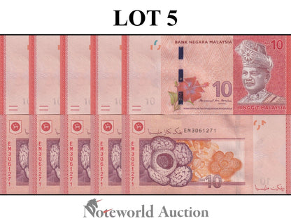 MALAYSIA Lot 5 pcs 1/20 Bundle - 10 Ringgit 2017 P 53 UNC