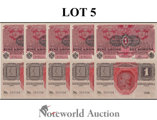 AUSTRIA 1 Krone 1916 P 49 Lot 5 pcs 1/20 Bundle AU UNC