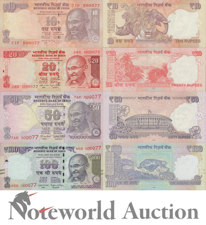 INDIA Set 4 - 10 20 50 100 2014-2016 P 102v 103l 104u 105ad Match No. 0000XX UNC