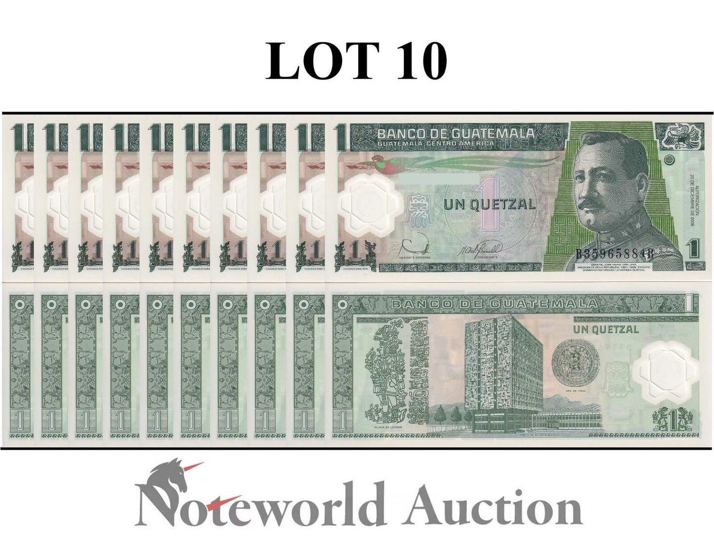 GUATEMALA Lot 10 pcs 1/10 Bundle - 1 Quetzal 2006 P 109 Polymer UNC