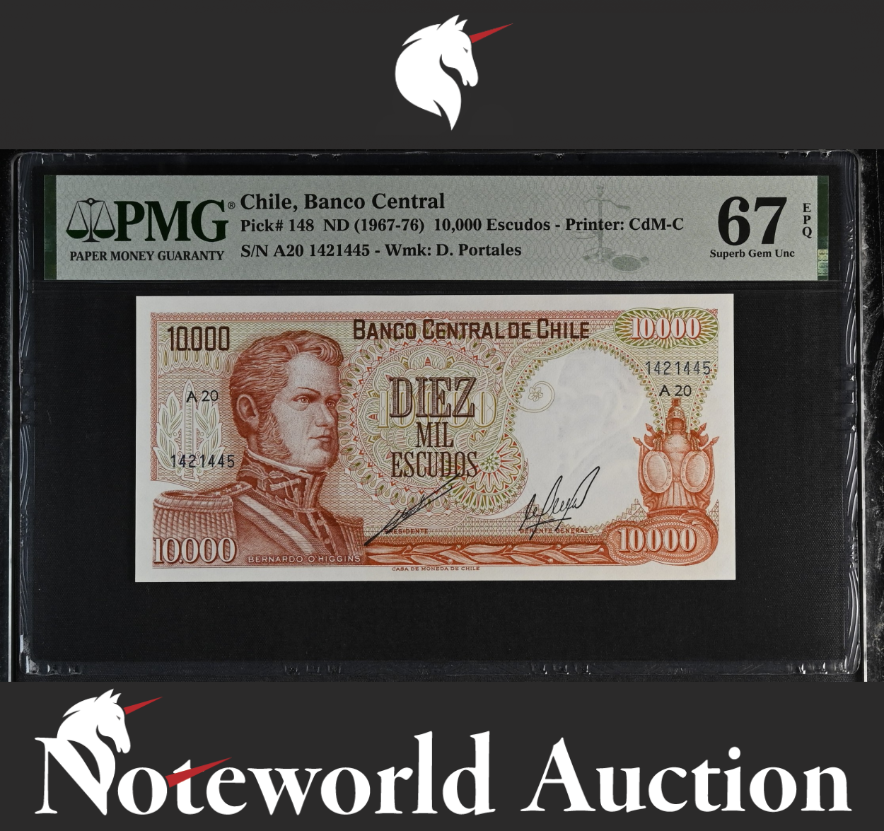 Chile Banco Central 10000 Escudos 1967-76 P 148 UNC PMG 67 EPQ 2nd TOP POP