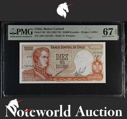 Chile Banco Central 10000 Escudos 1967-76 P 148 UNC PMG 67 EPQ 2nd TOP POP