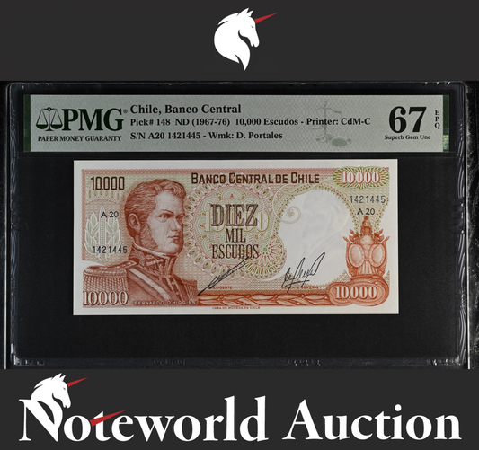 Chile Banco Central 10000 Escudos 1967-76 P 148 UNC PMG 67 EPQ 2nd TOP POP