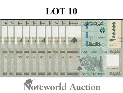 LEBANON Lot 10 pcs 1/10 Bundle - 100000 Livres 2023 P 105 UNC