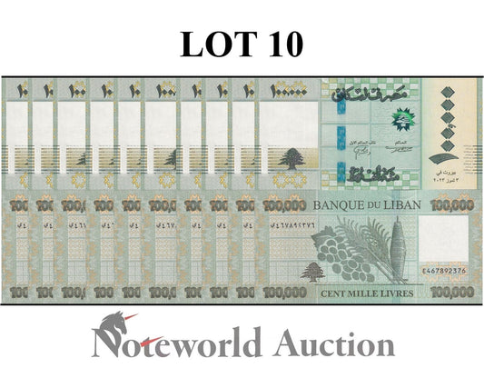 LEBANON Lot 10 pcs 1/10 Bundle - 100000 Livres 2023 P 105 UNC