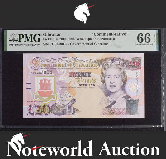 Gibraltar Commemorative £20 2004 P31a Queen Elizabeth II UNC PMG 66 EPQ