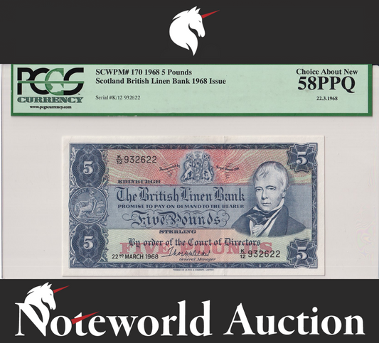 SCOTLAND BRITISH LINEN BANK 5 Pounds 1968 P 170 AU PCGS 58 PPQ