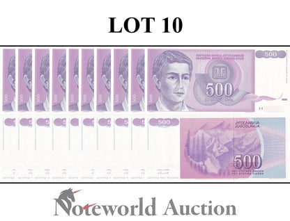 YUGOSLAVIA Lot 10 pcs 1/10 Bundle - 500 Dinara 1992 P 113 First Prefix AA UNC