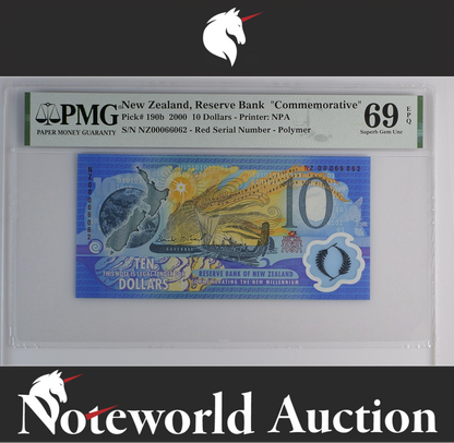 New Zealand Commemorative, 10 Dollars 2000 P 190b Polymer UNC 2nd TOP PMG 69 EPQ