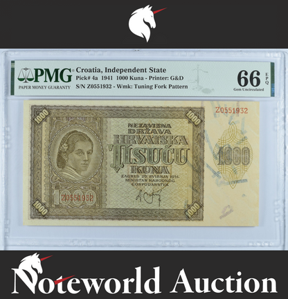 Croatia Independent State 1000 Kuna 1941 P 4a UNC PMG 66 EPQ 2nd TOP POP