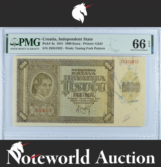Croatia Independent State 1000 Kuna 1941 P 4a UNC PMG 66 EPQ 2nd TOP POP
