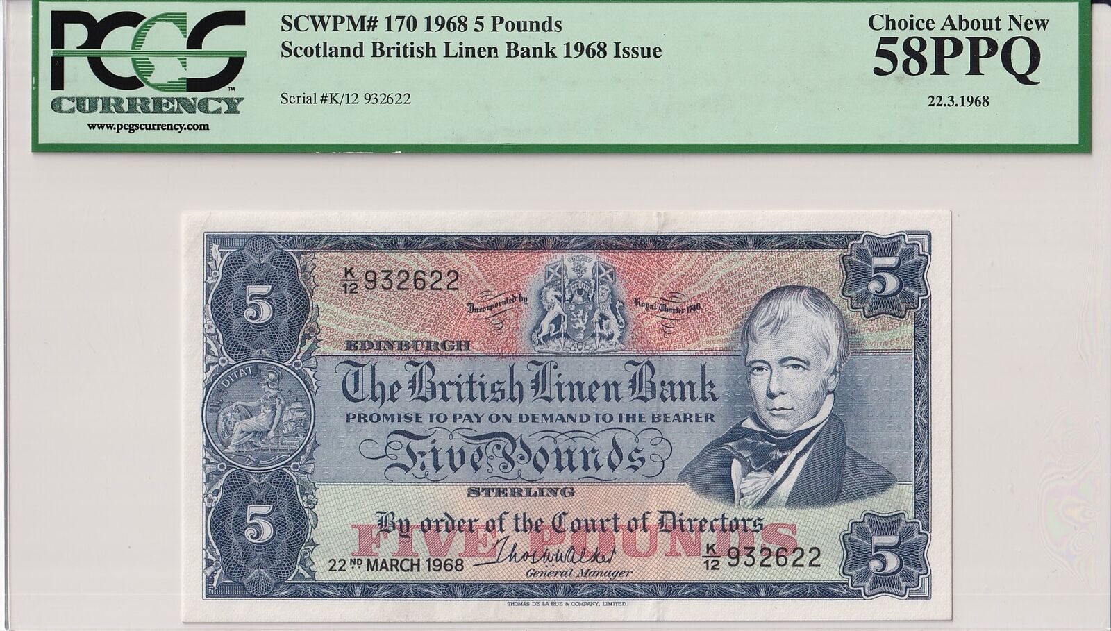 SCOTLAND BRITISH LINEN BANK 5 Pounds 1968 P 170 AU About UNC PCGS 58 PPQ