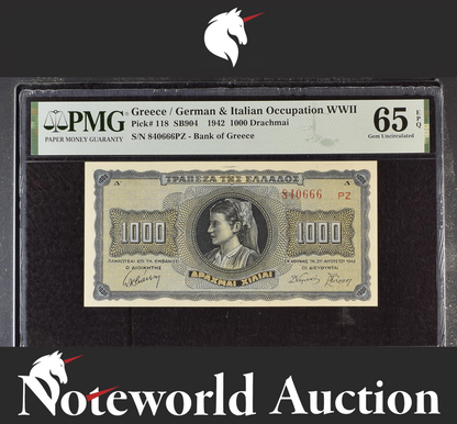 Greece 1000 Drachmai 1942 P 118 UNC PMG 65 EPQ No.840666