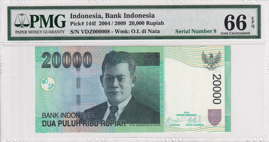 INDONESIA 20000 Rupiah 2004/2009 P 144f Low Serial Number 8 UNC PMG 66 EPQ