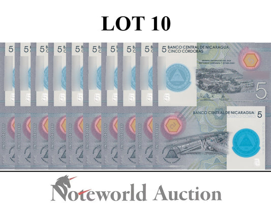 NICARAGUA 5 Cordobas 2019 P 219 COMM. Polymer Lot 10 pcs 1/10 Bundle UNC