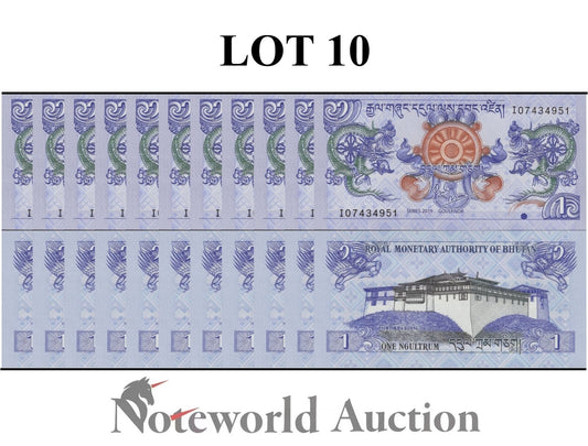 BHUTAN Lot 10 pcs 1/10 Bundle - 1 Ngultrum 2019 P 27 UNC