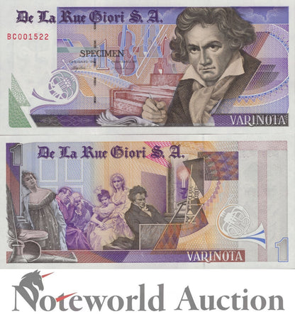 DE LA RUE Giori S.A TEST NOTE - Beethoven 1 Specimen Double Sided Red Serial No.