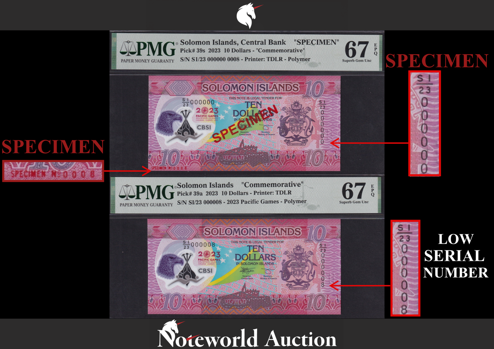 Solomon Islands COMM. Set 2 2023 Polymer Match SPECIMEN LOW No. 8 UNC PMG 67 EPQ