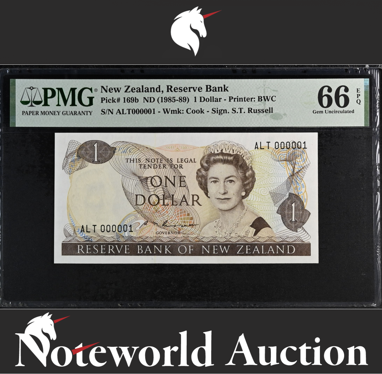 New Zealand 1 Dollars ND (1985-89) P 169b LOW SERIAL NO. 1 Rare UNC PMG 66 EPQ