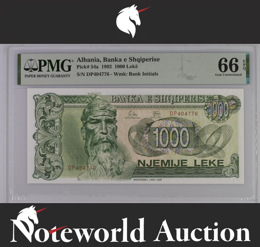 Albania Banka e Shqiperise 1000 Leke 1992 P 54a UNC PMG 66 EPQ 2nd TOP POP